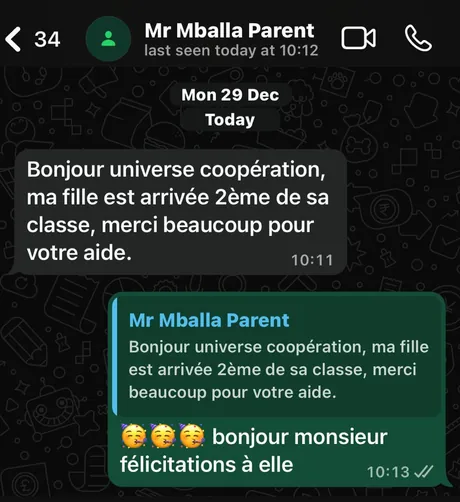 Capture WhatsApp : un père félicite l'équipe car sa fille est arrivée 2e de sa classe