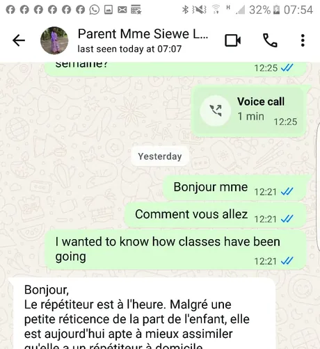 Capture WhatsApp : une mère décrit le sérieux du répétiteur à domicile de sa fille
