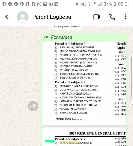 Résultats officiels du GCE 2025 (filière anglophone) partagés et célébrés par un parent